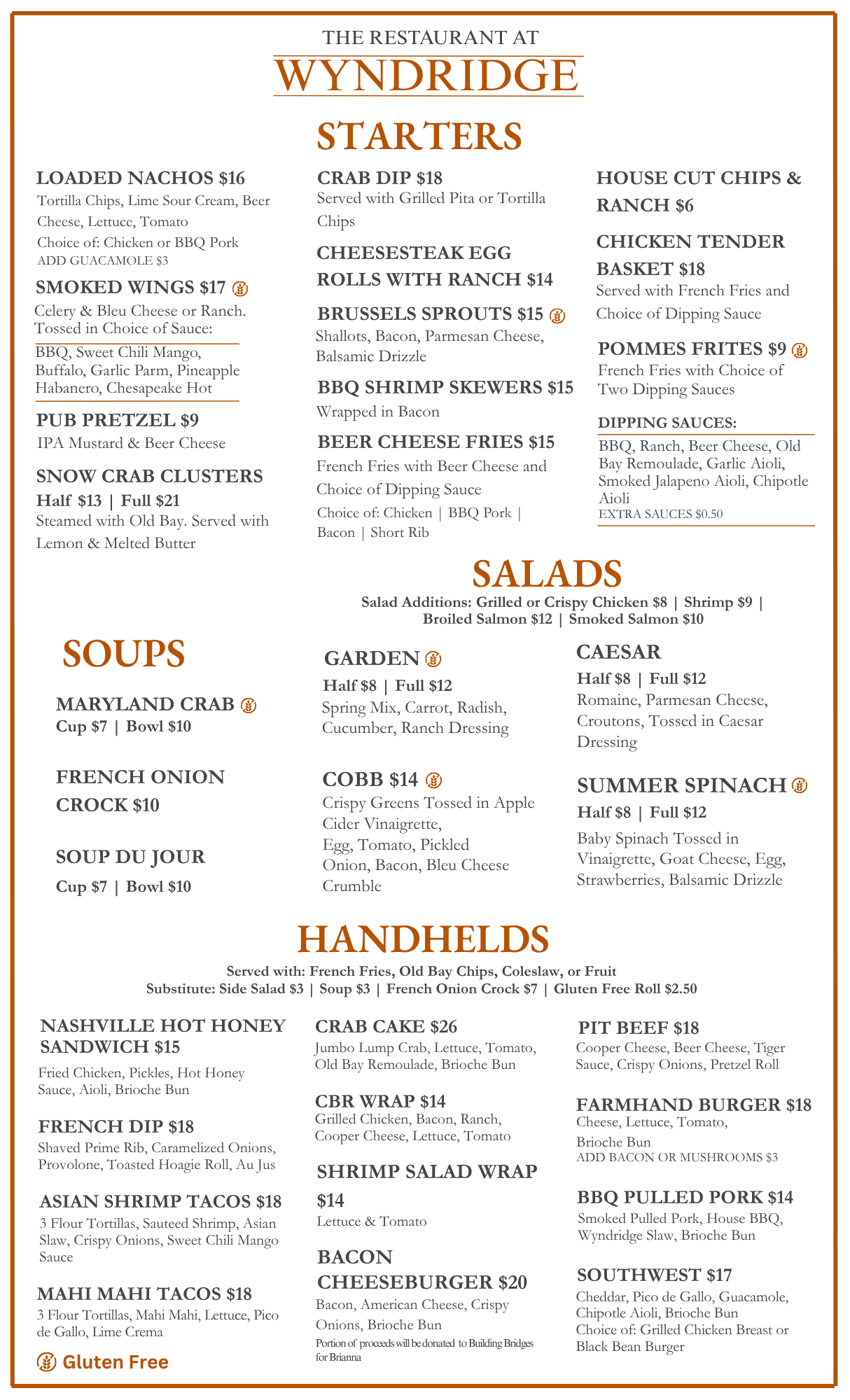 Wyndridge Menu Page 1